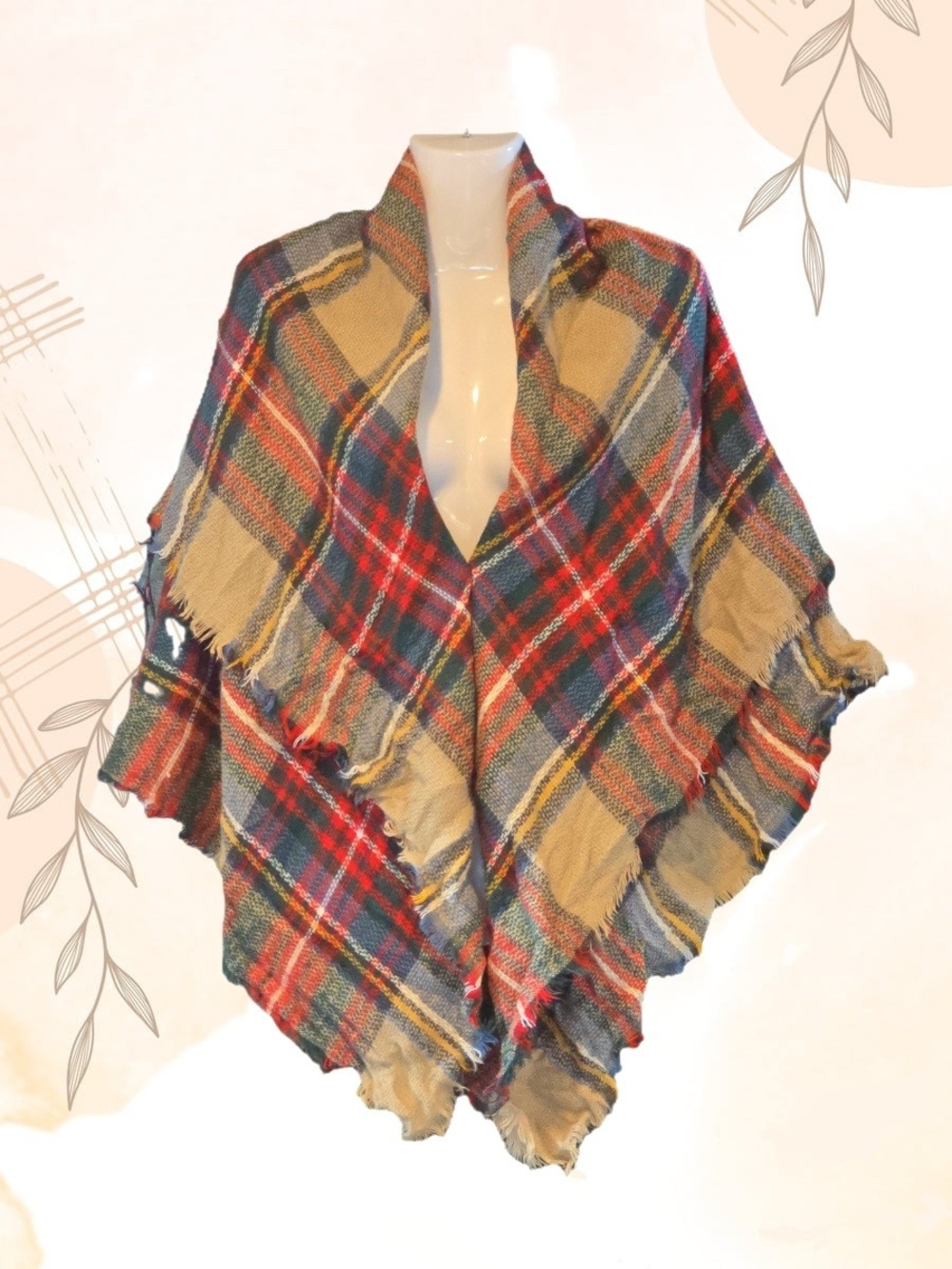 Vintage-Inspired Plaid Square Scarf / Shawl – Tan, Red & Blue